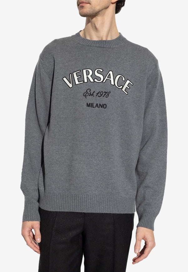 Versace Logo Embroidered Crewneck Sweater Gray 1013805 1A09659-1E510