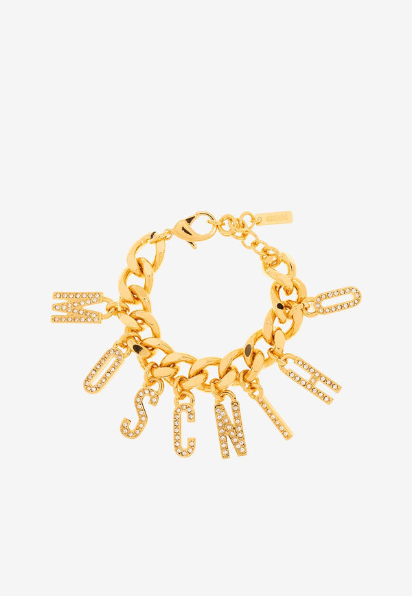 Moschino Crystal-Embellished Logo Charms Bracelet 24171 A9168 8414-1606 Gold