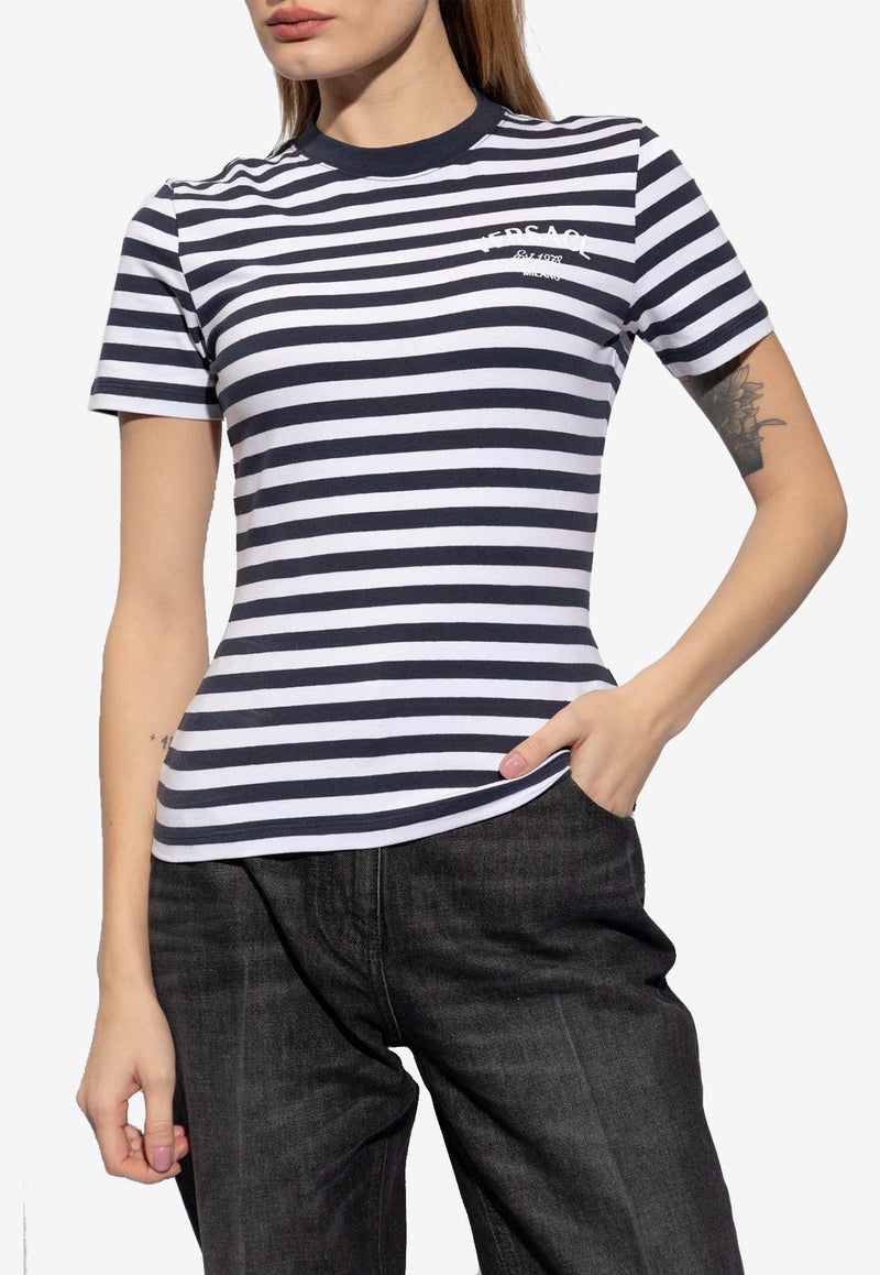 Versace Logo Embroidered Striped T-shirt Navy 1014414 1A10133-6WC10