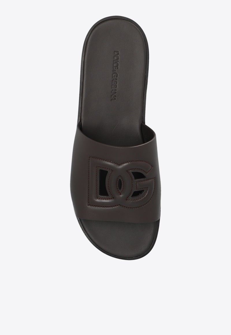 Dolce & Gabbana DG Logo Leather Slides Dark Brown A80397 AO602-8H042