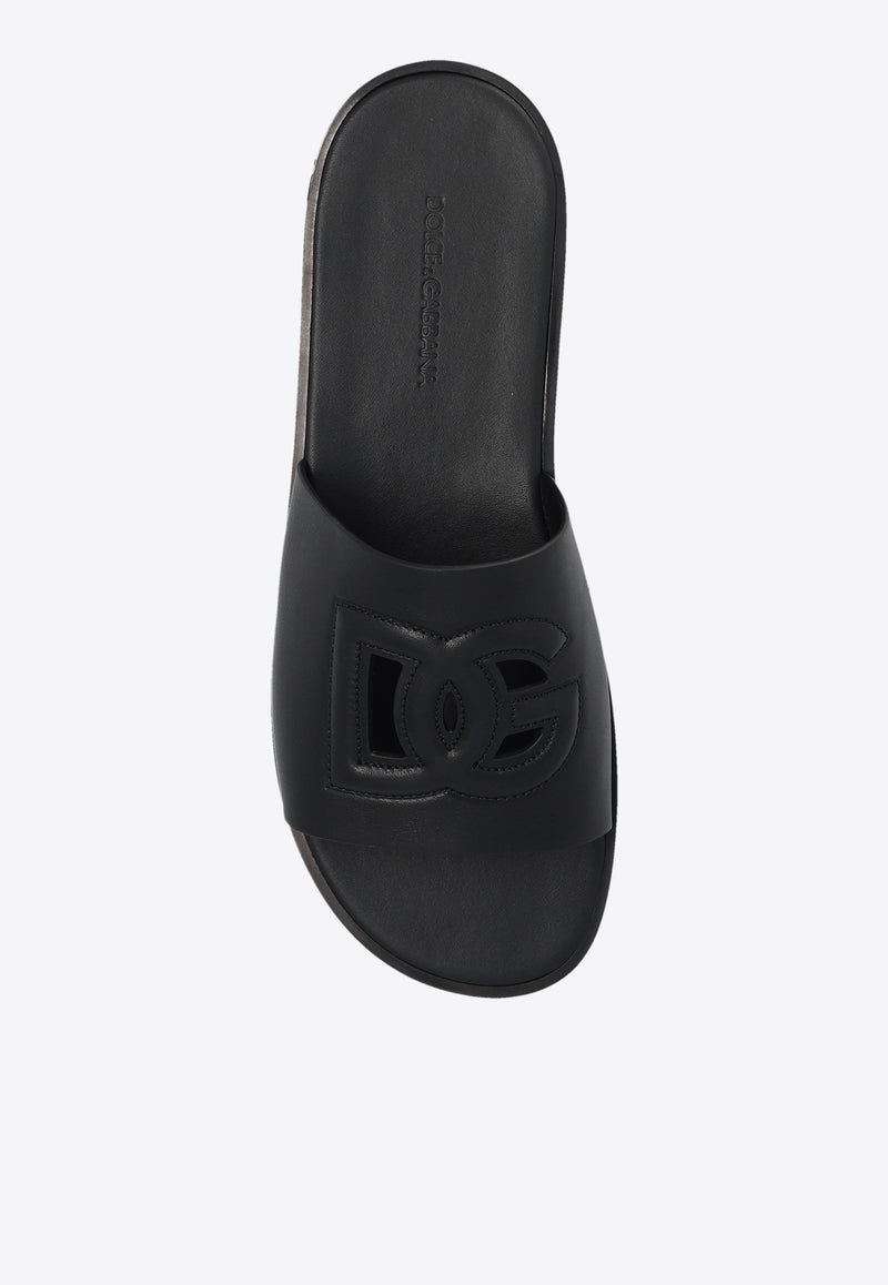 Dolce & Gabbana DG Logo Leather Slides Black A80397 AO602-80999
