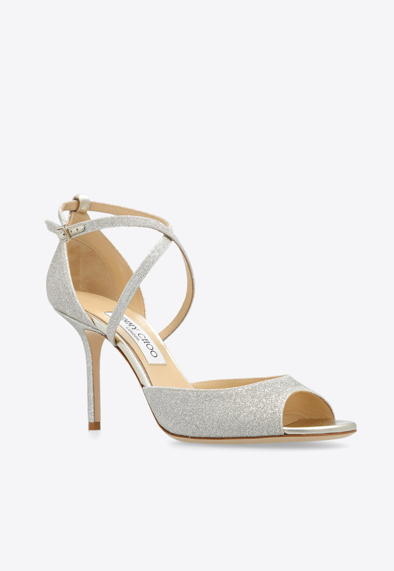 Jimmy Choo Emsy 85 Glitter Sandals Silver EMSY 85 DGZ-PLATINUM ICE