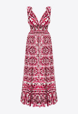 Dolce & Gabbana Majolica Print V-neck Maxi Dress Pink F6ADOT HH5AP-HE3TN