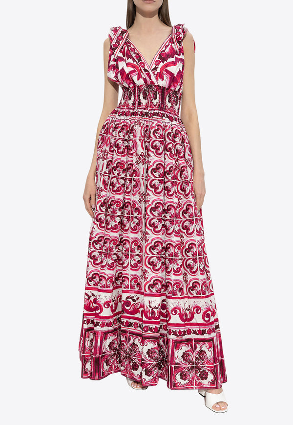 Dolce & Gabbana Majolica Print V-neck Maxi Dress Pink F6ADOT HH5AP-HE3TN