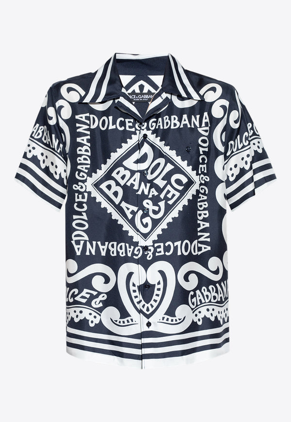 Dolce & Gabbana Marina Print Bowling Silk Shirt Blue G5JH9T HI1QD-HB4XR