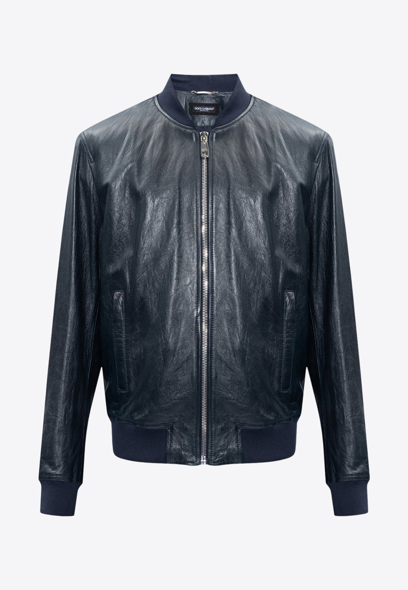 Dolce & Gabbana Zip-Up Leather Bomber Jacket Navy G9ASZL HULS1-B0665