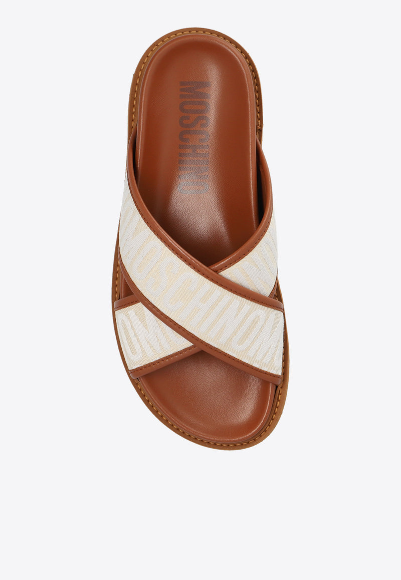 Moschino Logo Jacquard Leather Flat Sandals Beige MN28103G1I 106-10A