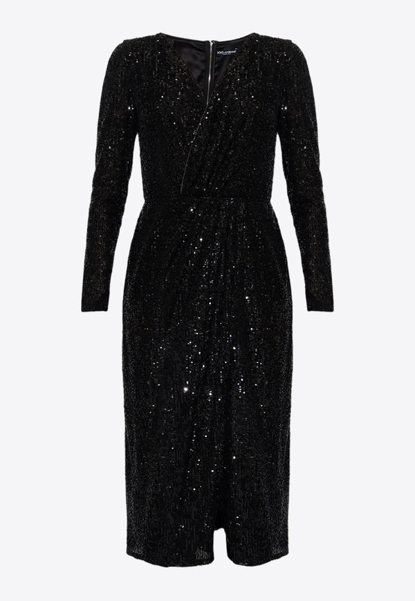 Dolce & Gabbana V-neck Sequined Midi Dress Black F6DHFT FLUBW-N0000