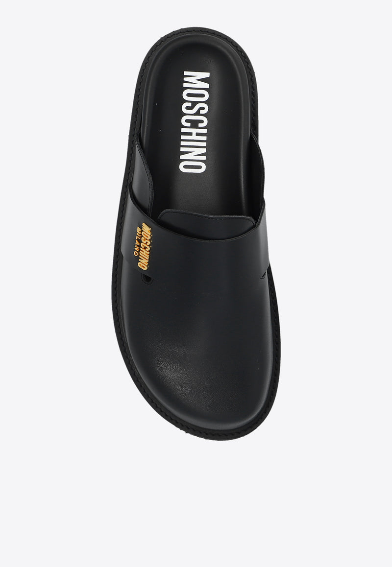 Moschino Logo Plaque Leather Slippers Black MB10813G1I GA0-000