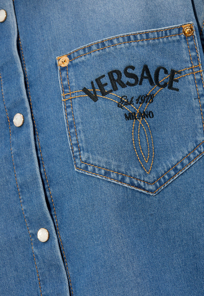 Versace Logo Embroidered Denim Cropped Shirt Blue 1014208 1A10073-1D030