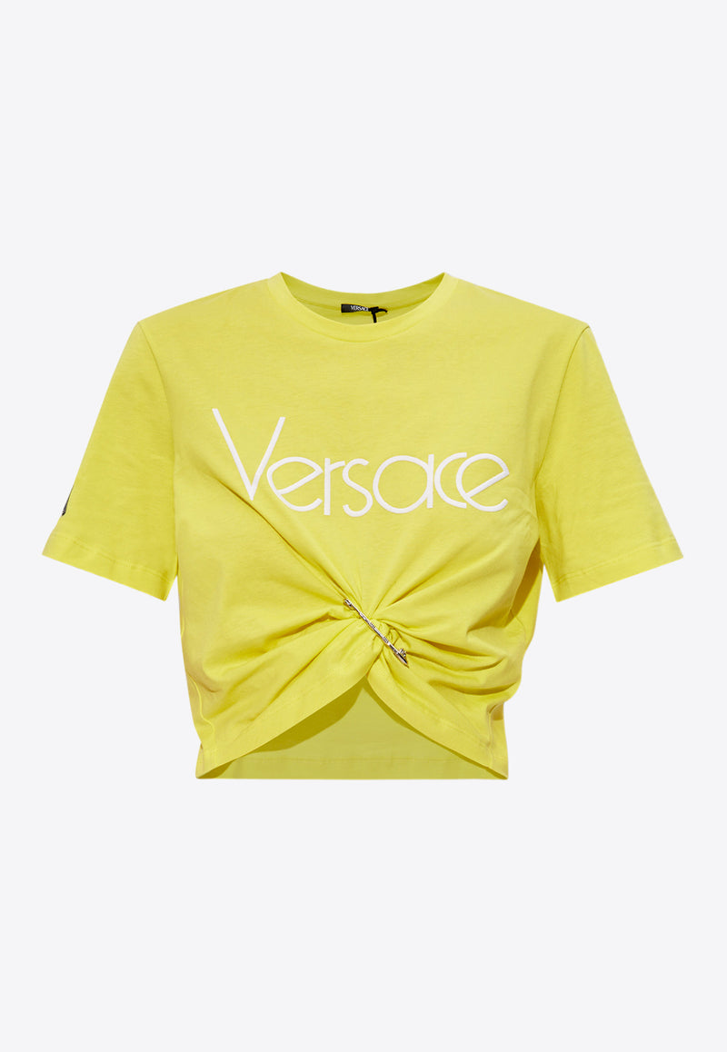 Versace Logo Cropped T-shirt with Safety Pin Yellow 1014276 1A09120-2Y860