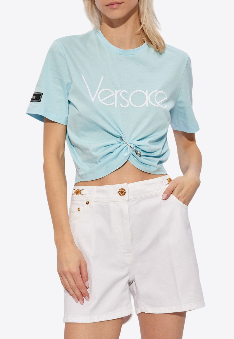 Versace Logo Cropped T-shirt with Safety Pin Blue 1014276 1A09120-2UQ80