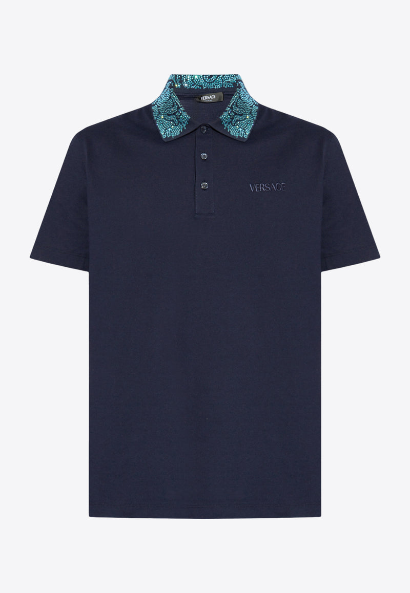 Versace Logo Embroidered Studded Polo T-shirt Navy 1013943 1A07648-1UI20
