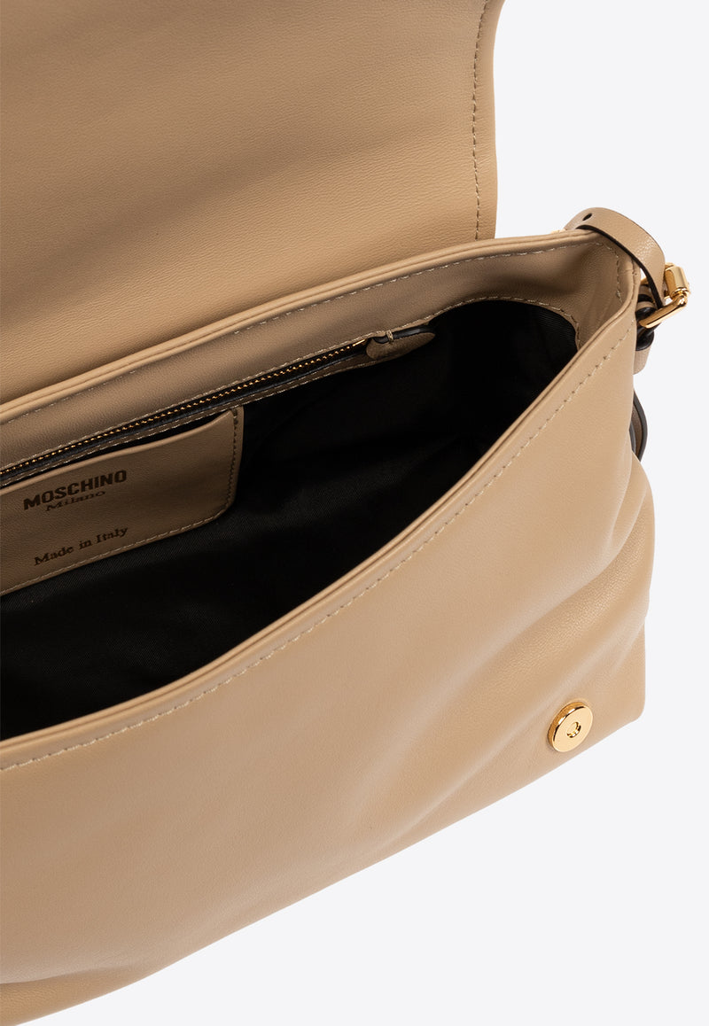 Moschino Logo Plaque Leather Shoulder Bag Beige 2417 A7551 8002-0081
