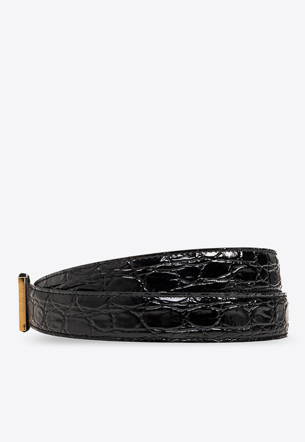 Saint Laurent Croc-Embossed Leather Belt Black 763643 1ZQ0W-1000