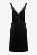 Saint Laurent Lace-Trimmed Silk Midi Dress Black 779765 Y001W-1000