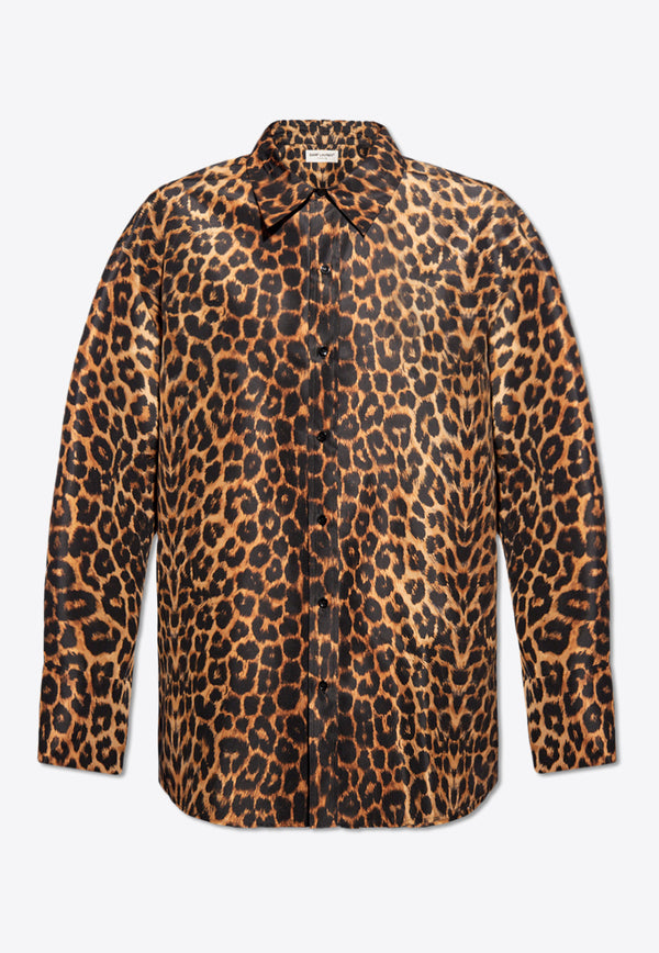 Saint Laurent Oversized Leopard Print Silk Taffeta Shirt Brown 788143 Y1I80-9664