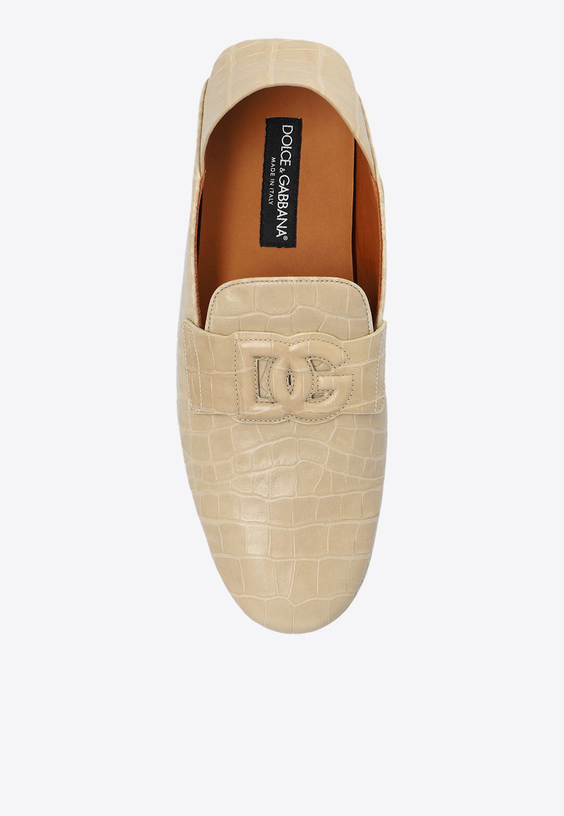 Dolce & Gabbana DG Logo Croc-Embossed Leather Loafers Cream A50583 AS422-8H032