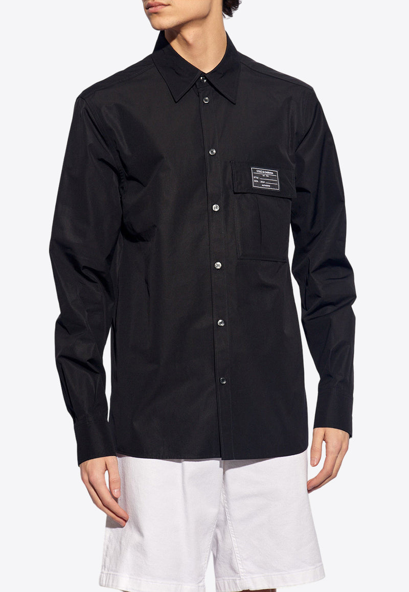 Dolce & Gabbana, NOOS, VTK, Men, Clothing, Shirts, Casual Shirts, Long-Sleeved Shirts Logo Patch Button-Up Shirt Black G5KF6T FU5PY-N0000