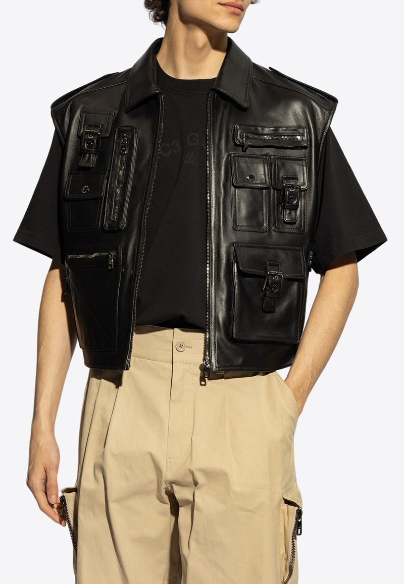 Dolce & Gabbana, NOOS, VTK, Men, Clothing, Jackets, Leather Jackets, Vests and Gilets, Zip-Up Jackets Leather Zip-Up Biker Vest Black G9AXKL HULUZ-N0000