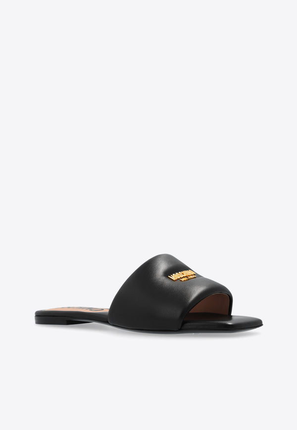 Moschino Logo Plaque Calf Leather Flat Sandals Black MA28091C1I MA0-000