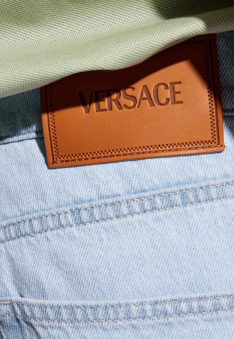 Versace Logo Appliqué Straight-Leg Jeans Light Blue 1014494 1A10425-1D700