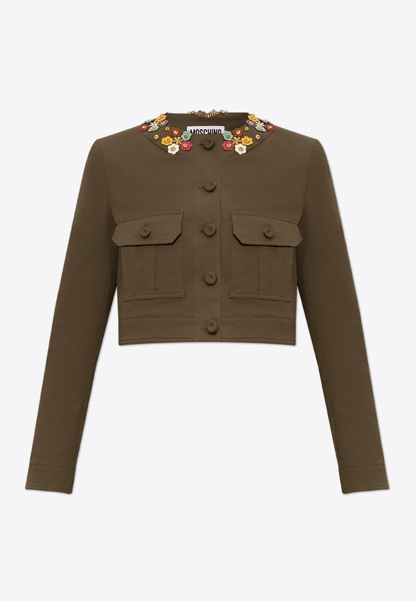 Moschino Flower Embellished Cropped Jacket Green 241D A0518 0420-2440