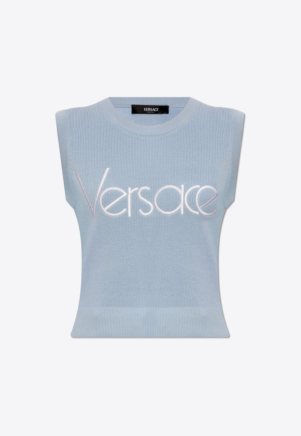 Versace Logo Embroidered Rib Knit Cropped Top Blue 1015291 1A10572-1VD60