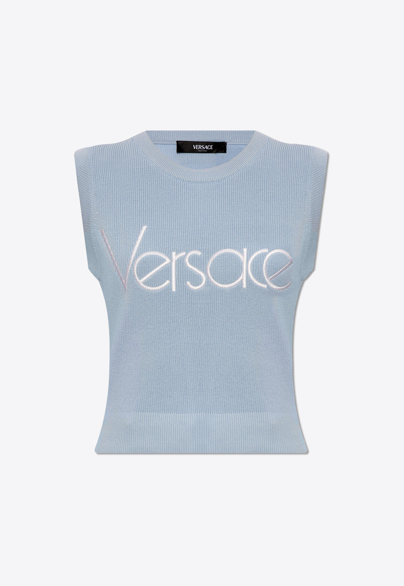Versace Logo Embroidered Rib Knit Cropped Top Blue 1015291 1A10572-1VD60