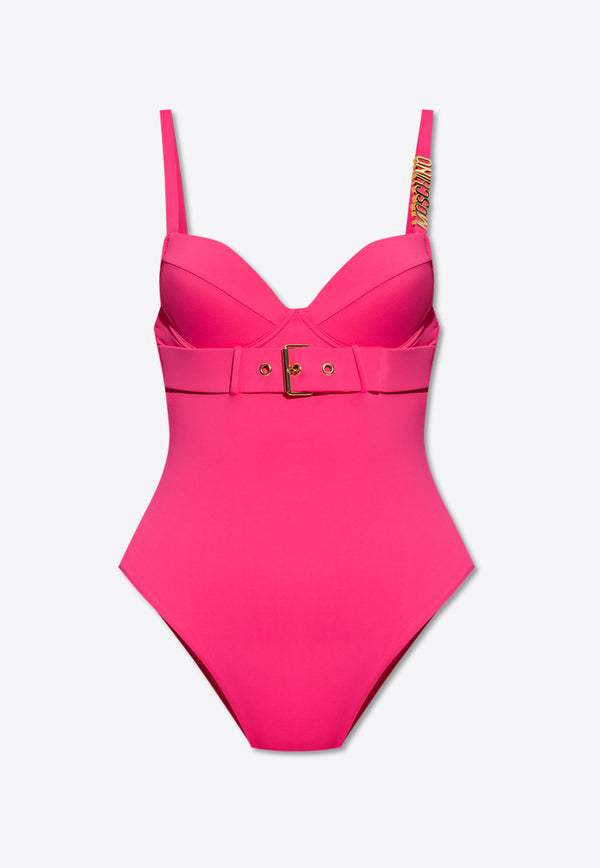 Moschino Logo Plaque One-Piece Belted Swimsuit Pink 241V2 A4982 9503-0220