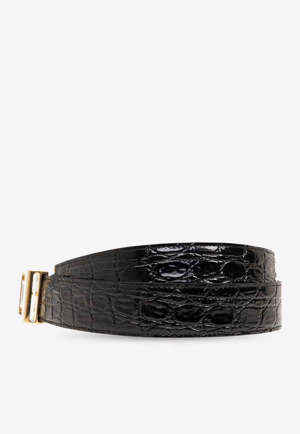 Saint Laurent Croc-Embossed Leather Belt Black 732556 1ZQ8J-1000