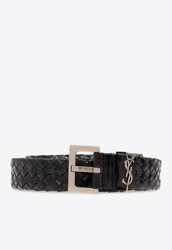Saint Laurent Cassandre Woven Leather Belt Black 777315 AAC78-1000