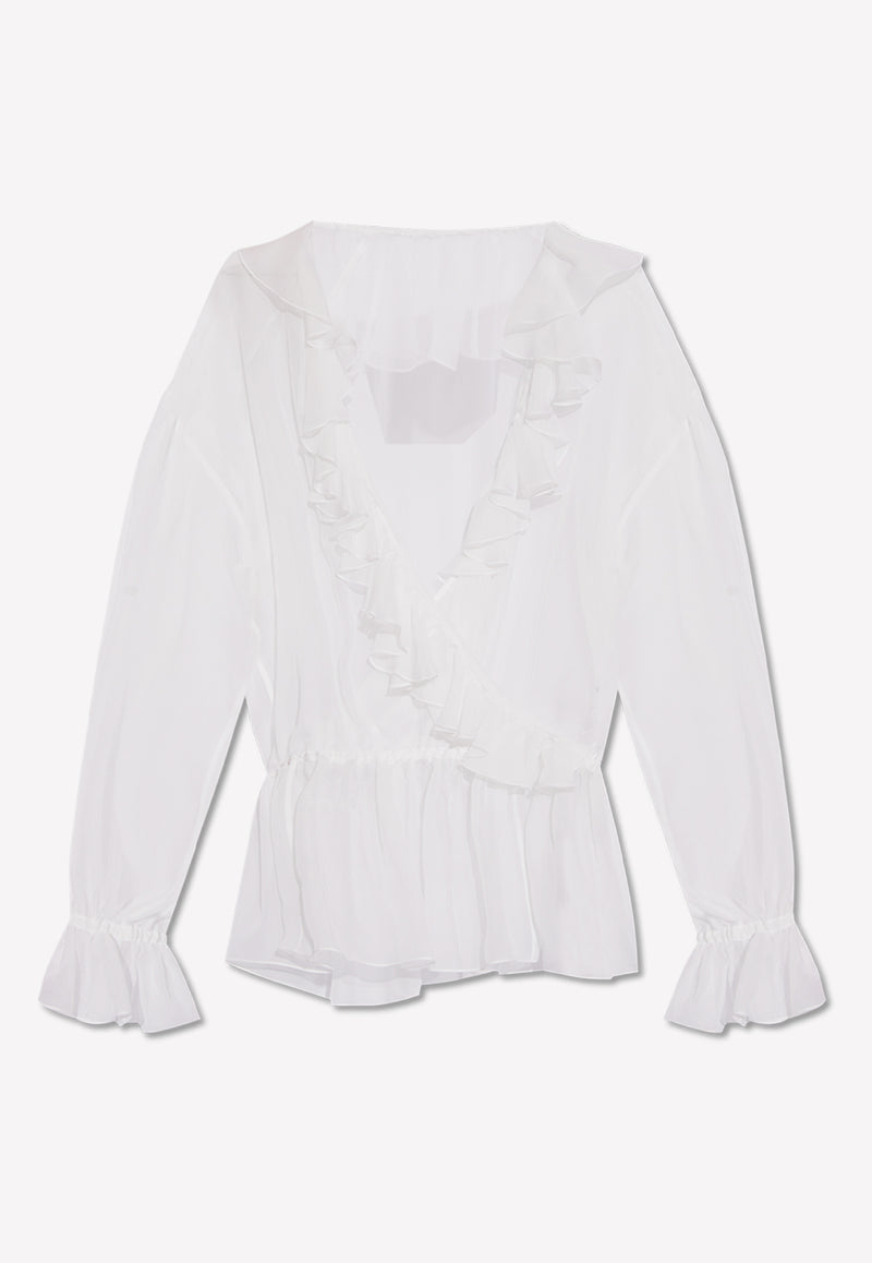 Dolce & Gabbana Semi-Sheer Ruffled Silk Blouse White F79FGT FU1AT-W0800