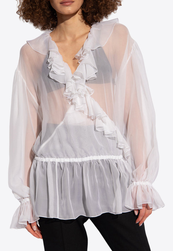 Dolce & Gabbana Semi-Sheer Ruffled Silk Blouse White F79FGT FU1AT-W0800