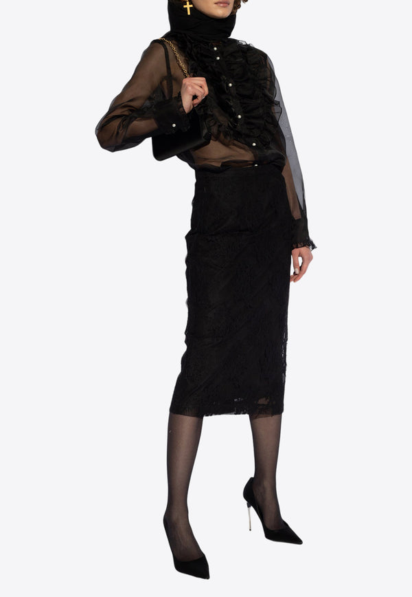 Dolce & Gabbana Ruffled Yoke Semi-Sheer Silk Shirt Black F5S10T FU1BU-N0000