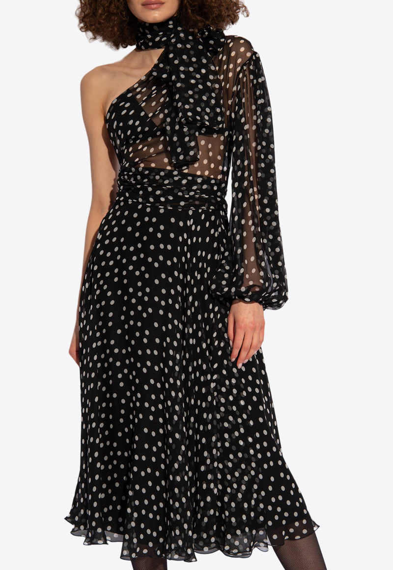 Dolce & Gabbana Polka Dot One-Shoulder Midi Chiffon Dress Black F6JFLT IS1UI-HNBDW