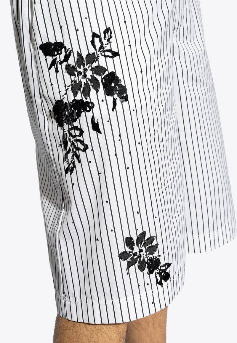 Dolce & Gabbana Floral Applique Striped Bermuda Shorts White GP08FZ GH894-S9000