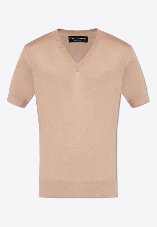 Dolce & Gabbana V-neck Knitted T-shirt Beige GXY17T JBSIM-M0139
