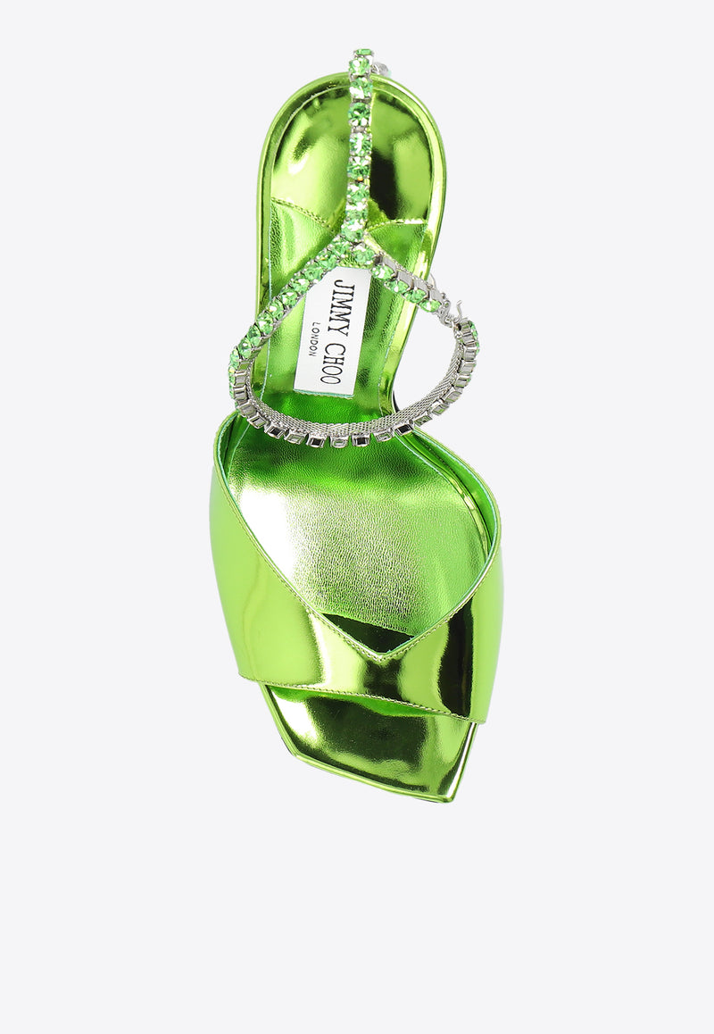 Jimmy Choo Saeda 100 Crystal Chain Sandals in Metallic Leather Green SAEDA SANDAL 100 BAQ-MATCHA MATCHA