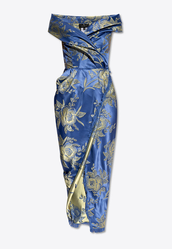 Etro Off-Shoulders Satin Floral Midi Dress Blue WRHA0052 99TJD44-S8460