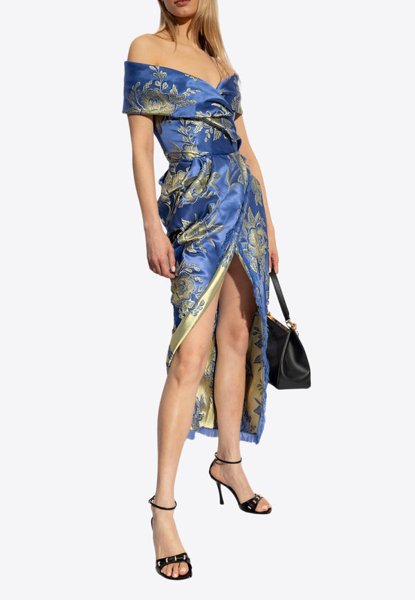 Etro Off-Shoulders Satin Floral Midi Dress Blue WRHA0052 99TJD44-S8460
