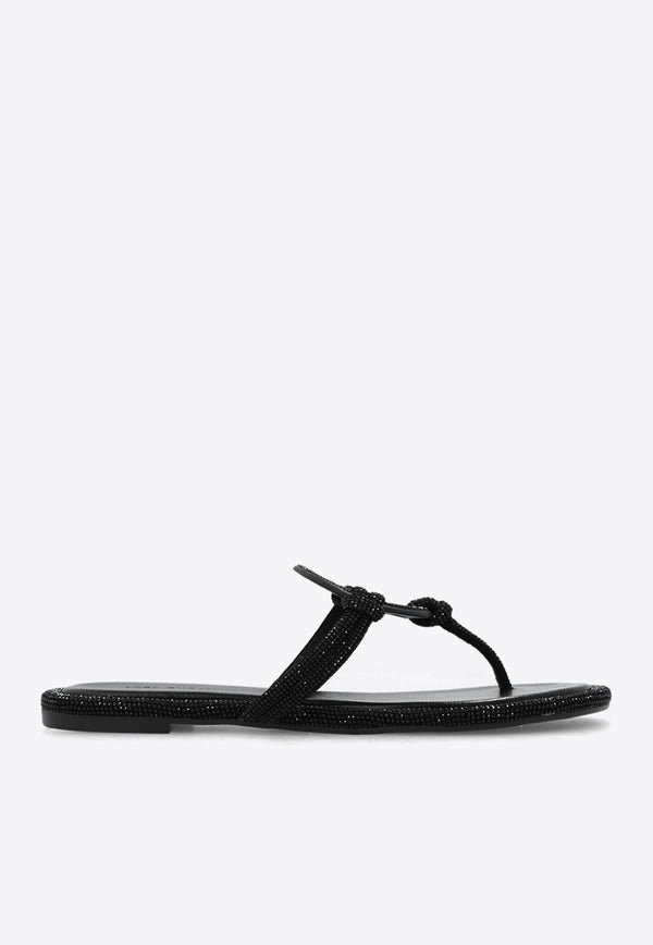 Tory Burch Miller Crystal Logo Knotted Thong Sandals Black 152177 0-001