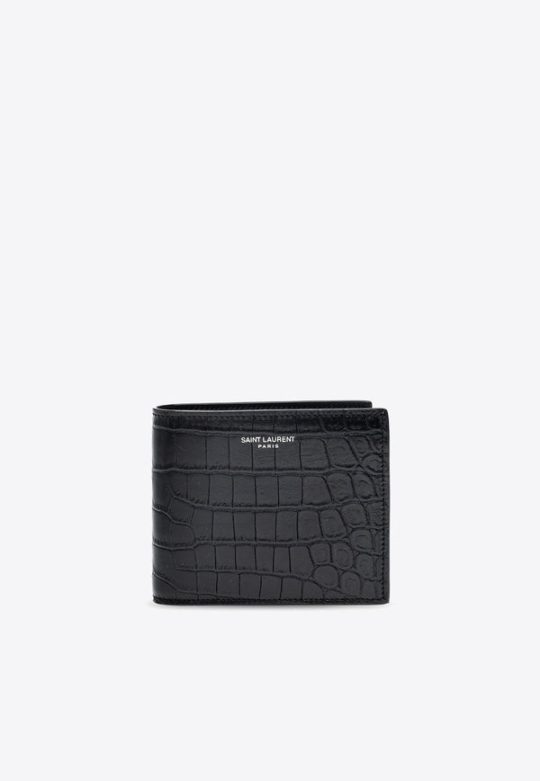 Saint Laurent Croc-Embossed Leather Bi-Fold Wallet Black 396307 DZEDE-1000