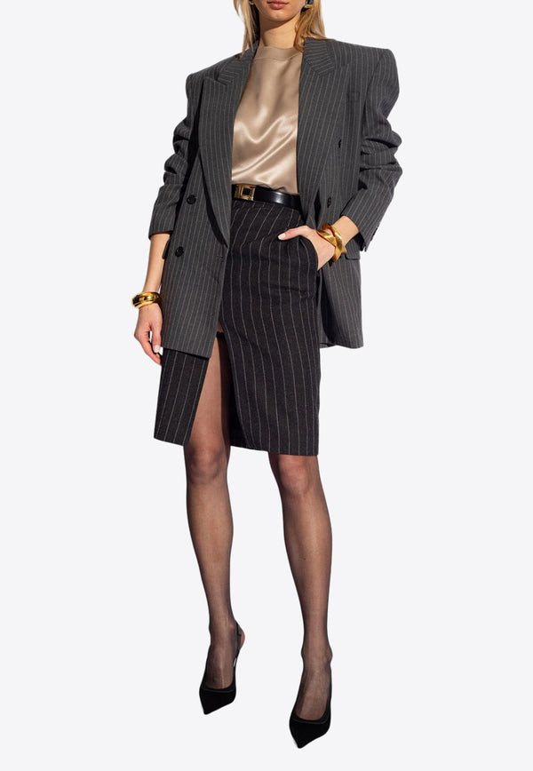 Saint Laurent Striped Wool Midi Pencil Skirt Black 762647 Y815V-1161