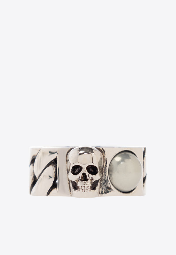 Alexander McQueen Pearl and Skull Chain Ring Silver 774168 I170E-1445