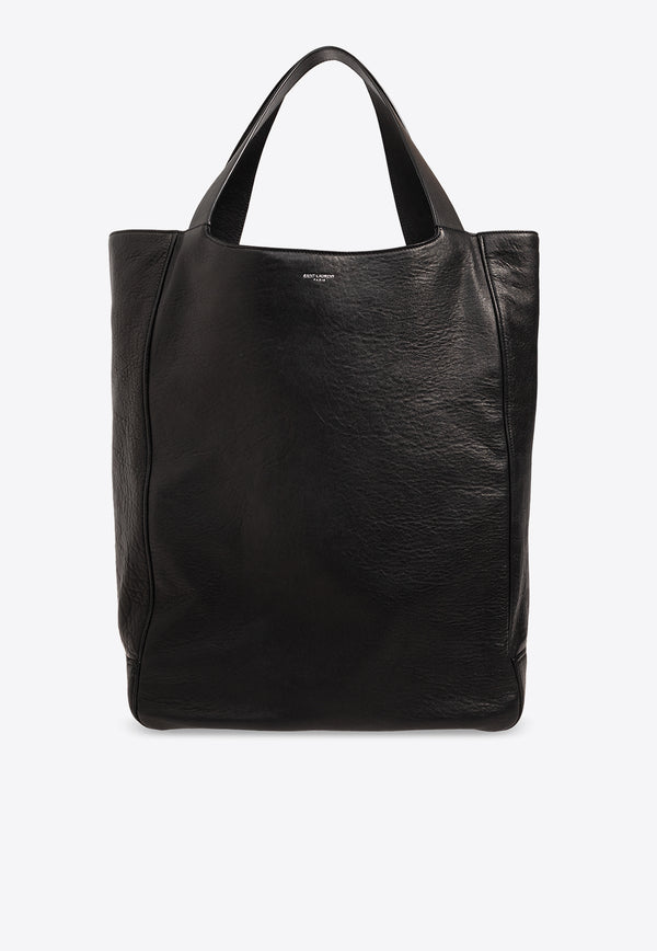 Saint Laurent Maxi Logo Print Leather Tote Bag Black 756279 AACMR-1000