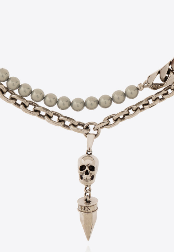 Alexander McQueen Skull and Pearl Chain Necklace Silver 774167 I170E-1445