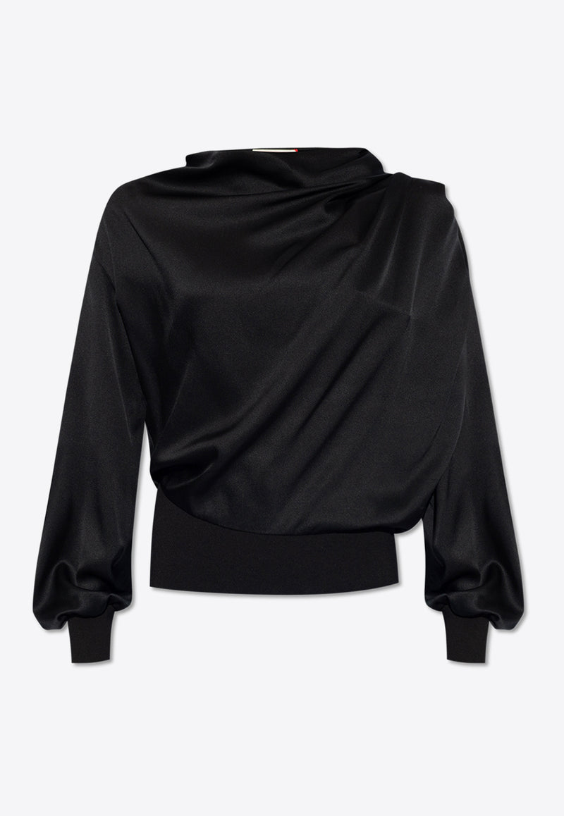 Alexander McQueen Draped Satin Long-Sleeved Blouse Black 778165 QBAAE-1000