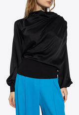 Alexander McQueen Draped Satin Long-Sleeved Blouse Black 778165 QBAAE-1000