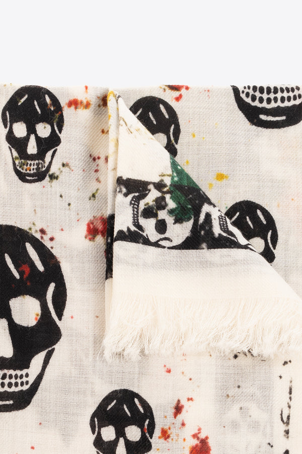 Alexander McQueen Skull Floral Print Wool Scarf White 779894 3222Q-9274